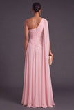 Light Pink Chiffon Floral Ruched A-Line Long Wedding Guest Dress with Cape