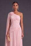 Light Pink Chiffon Floral Ruched A-Line Long Wedding Guest Dress with Cape