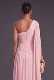 Light Pink Chiffon Floral Ruched A-Line Long Wedding Guest Dress with Cape