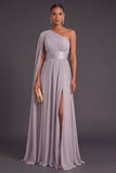 Light Grey Chiffon One Shoulder Long Wedding Guest Dress with Side Cape