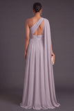 Light Grey Chiffon One Shoulder Long Wedding Guest Dress with Side Cape