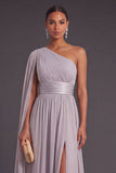 Light Grey Chiffon One Shoulder Long Wedding Guest Dress with Side Cape
