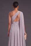 Light Grey Chiffon One Shoulder Long Wedding Guest Dress with Side Cape