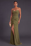 Olive Strapless Mermaid Ruched Long Wedding Guest Dress with Slit