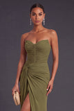 Olive Strapless Mermaid Ruched Long Wedding Guest Dress with Slit