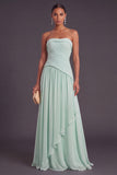 Mint Green Strapless A-Line Ruched Long Wedding Guest Dress with Ruffles