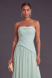 Mint Green Strapless A-Line Ruched Long Wedding Guest Dress with Ruffles