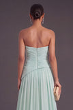Mint Green Strapless A-Line Ruched Long Wedding Guest Dress with Ruffles