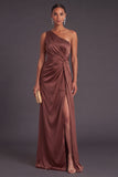 Chocolates One Shoulder Ruched Mermaid Long Wedding Guest Dress with Slit