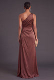 Chocolates One Shoulder Ruched Mermaid Long Wedding Guest Dress with Slit