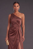 Chocolates One Shoulder Ruched Mermaid Long Wedding Guest Dress with Slit