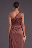 Chocolates One Shoulder Ruched Mermaid Long Wedding Guest Dress with Slit