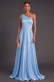 Sky Blue One Shoulder A-Line Long Wedding Guest Dress