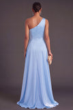 Sky Blue One Shoulder A-Line Long Wedding Guest Dress