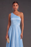 Sky Blue One Shoulder A-Line Long Wedding Guest Dress