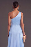 Sky Blue One Shoulder A-Line Long Wedding Guest Dress
