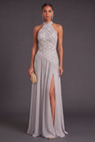 Sparkly Beaded Light Grey High Neck A-Line Long Wedding Guest Dress with Slit