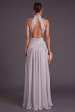 Sparkly Beaded Light Grey High Neck A-Line Long Wedding Guest Dress with Slit