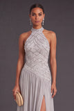 Sparkly Beaded Light Grey High Neck A-Line Long Wedding Guest Dress with Slit