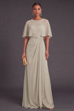 Taupe Round Neck Chiffon Long A-Line Wedding Guest Dress with Belt