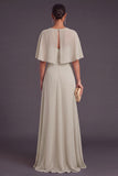 Taupe Round Neck Chiffon Long A-Line Wedding Guest Dress with Belt