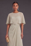 Taupe Round Neck Chiffon Long A-Line Wedding Guest Dress with Belt