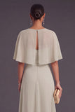 Taupe Round Neck Chiffon Long A-Line Wedding Guest Dress with Belt