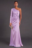 Light Purple One Shoulder Ruched Long Mermaid Wedding Guest Dress