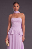 Light Purple Strapless A-Line Wedding Guest Dress with Neck Scarf