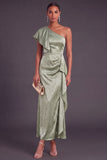 Sparkly Dusty Sage One Shoulder Ruched Maxi Wedding Guest Dress with Ruffles