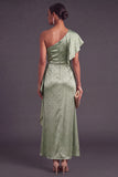 Sparkly Dusty Sage One Shoulder Ruched Maxi Wedding Guest Dress with Ruffles
