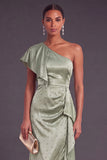 Sparkly Dusty Sage One Shoulder Ruched Maxi Wedding Guest Dress with Ruffles