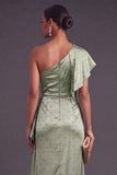 Sparkly Dusty Sage One Shoulder Ruched Maxi Wedding Guest Dress with Ruffles