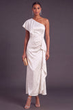 Sparkly Dusty Sage One Shoulder Ruched Maxi Wedding Guest Dress with Ruffles