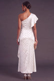 Sparkly Dusty Sage One Shoulder Ruched Maxi Wedding Guest Dress with Ruffles