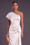 Sparkly Dusty Sage One Shoulder Ruched Maxi Wedding Guest Dress with Ruffles