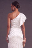 Sparkly Dusty Sage One Shoulder Ruched Maxi Wedding Guest Dress with Ruffles
