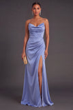 Slate Blue Spaghetti Straps Ruched Long Mermaid Wedding Guest Dress with Slit
