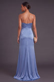 Slate Blue Spaghetti Straps Ruched Long Mermaid Wedding Guest Dress with Slit