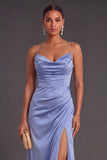 Slate Blue Spaghetti Straps Ruched Long Mermaid Wedding Guest Dress with Slit