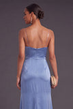 Slate Blue Spaghetti Straps Ruched Long Mermaid Wedding Guest Dress with Slit