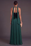 Sparkly Beaded Dark Green Pleated Long A-Line Wedding Guest Dress with Neck Scarf