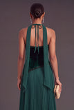 Sparkly Beaded Dark Green Pleated Long A-Line Wedding Guest Dress with Neck Scarf