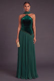 Sparkly Beaded Dark Green Pleated Long A-Line Wedding Guest Dress with Neck Scarf