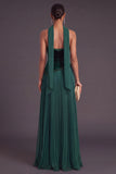 Sparkly Beaded Dark Green Pleated Long A-Line Wedding Guest Dress with Neck Scarf