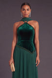 Sparkly Beaded Dark Green Pleated Long A-Line Wedding Guest Dress with Neck Scarf