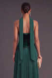Sparkly Beaded Dark Green Pleated Long A-Line Wedding Guest Dress with Neck Scarf