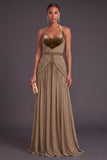 Sparkly Khaki Velvet Halter A-Line Ruched Maxi Wedding Guest Dress with Beading