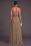 Sparkly Khaki Velvet Halter A-Line Ruched Maxi Wedding Guest Dress with Beading