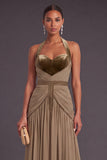 Sparkly Khaki Velvet Halter A-Line Ruched Maxi Wedding Guest Dress with Beading